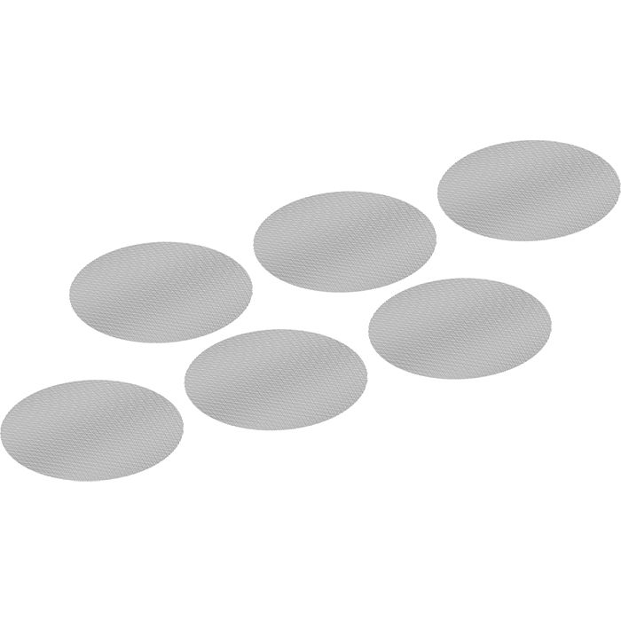 Six round fine screens shown at an angle on a white background