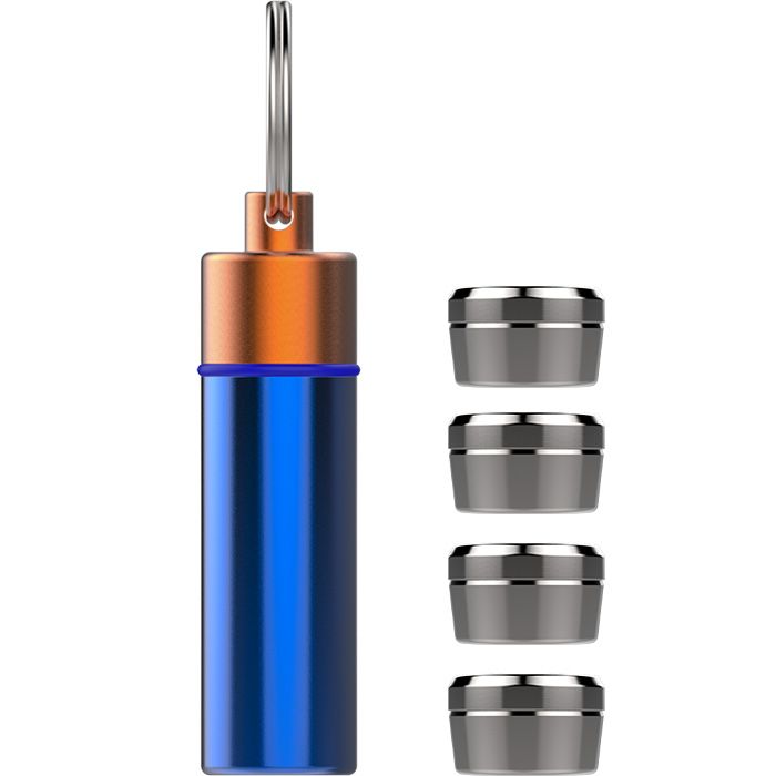 Blue Capsule Caddy standing upright beside stacked metal dosing capsules