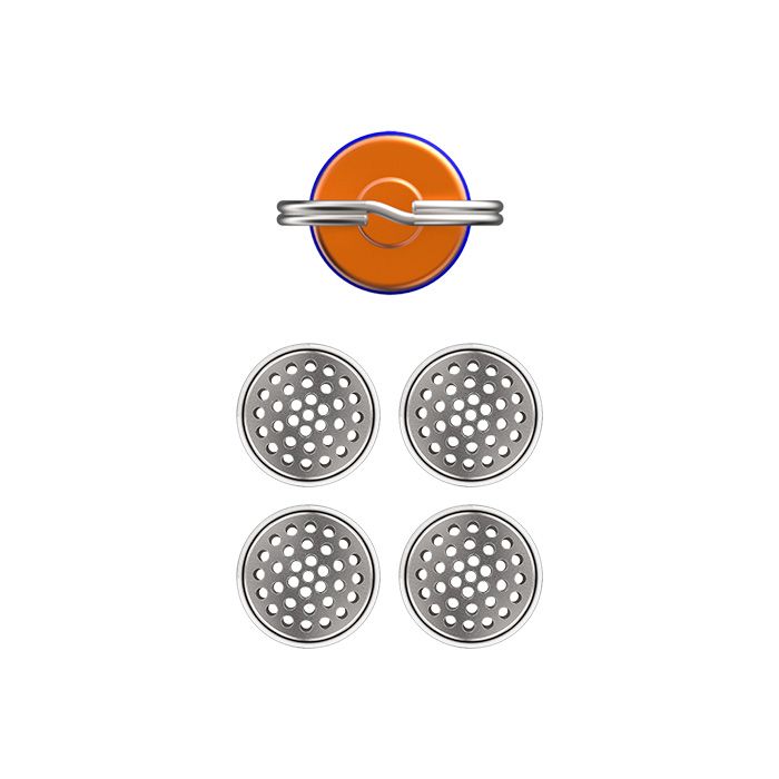 Top view of the orange caddy cap and four metal dosing capsules