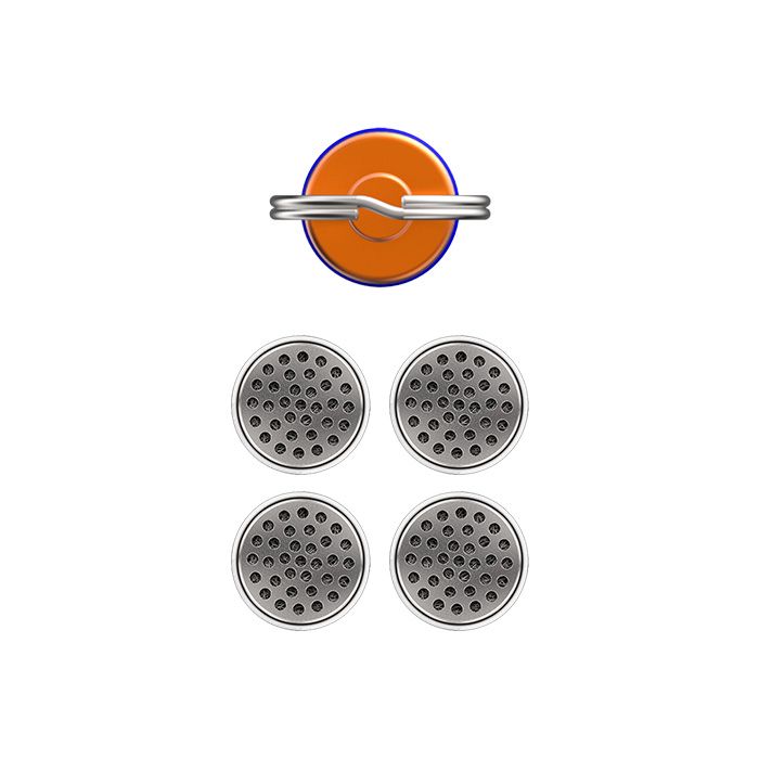 Orange caddy cap above four circular filling pads