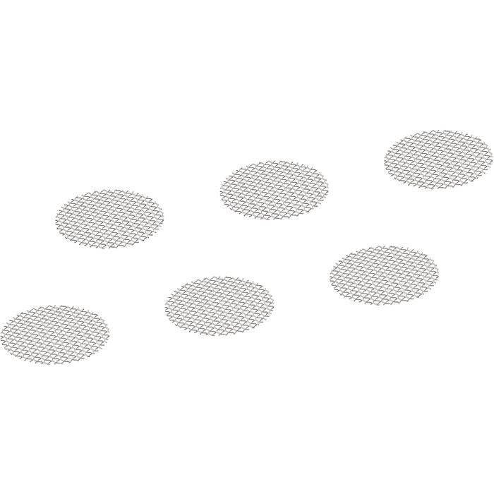 Six small round coarse mesh screens shown at an angle on a white background