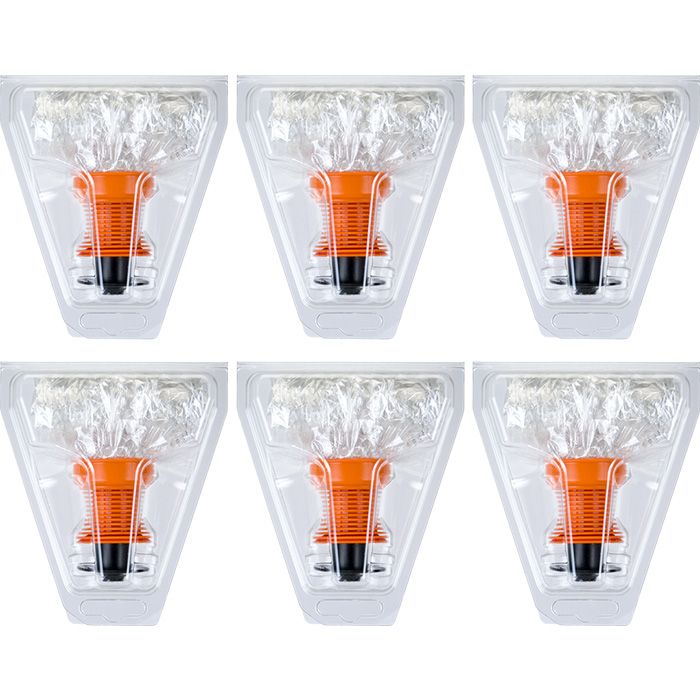 Six clear MEDIC VALVE balloons with orange valves arranged in two rows