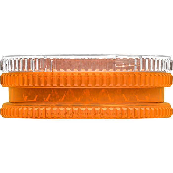Side view of the closed orange Herb Mill XL and its clear lid