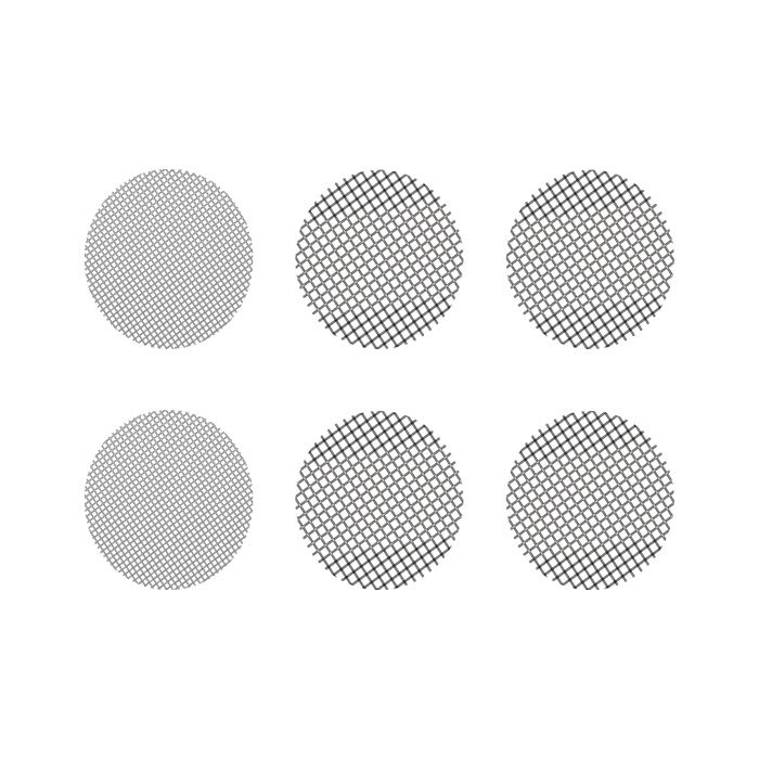 Six small round Storz & Bickel screens arranged in two rows, showing different mesh patterns