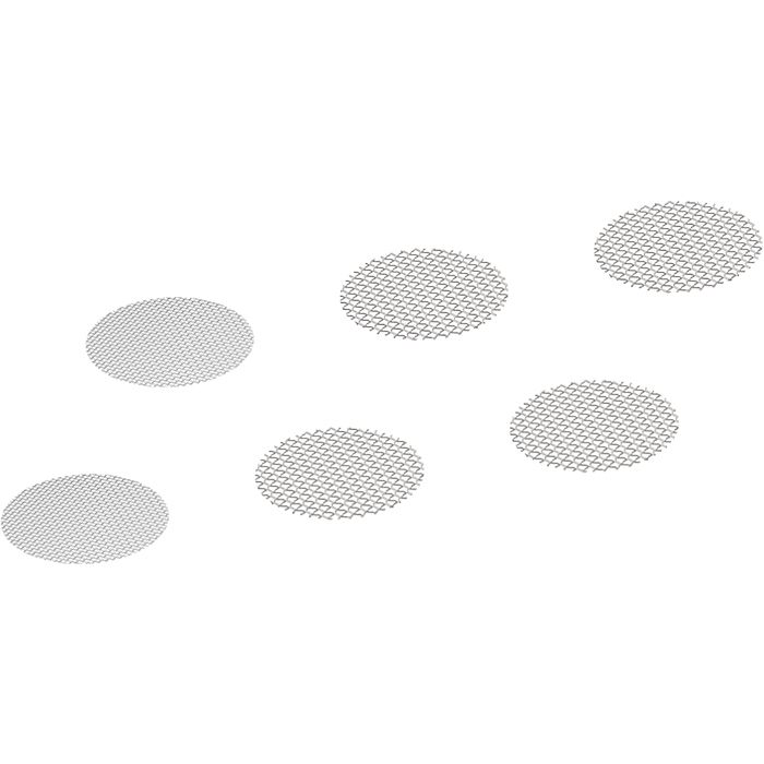 Six small round screens shown at an angle on a white background