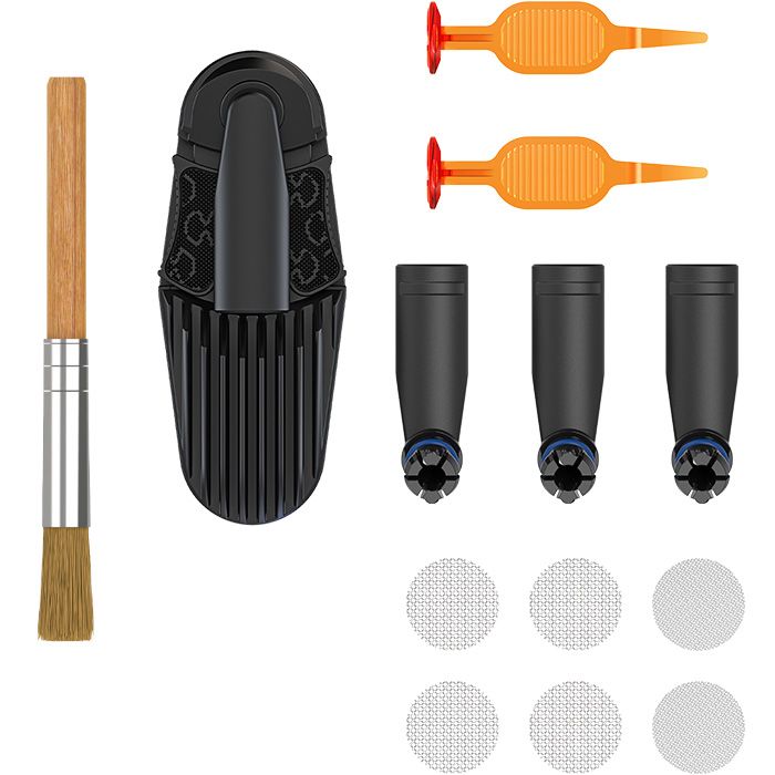 Storz & Bickel Wear & Tear Set components laid out, including a cleaning brush, black parts, orange tools and screens